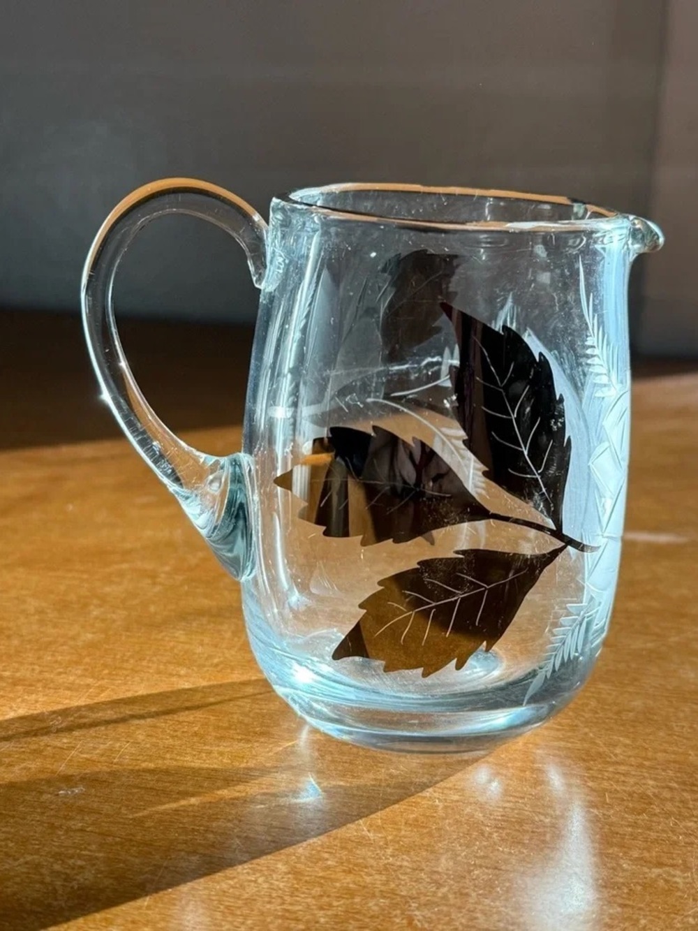 Clear Glass Pitcher with Black Leaf Design